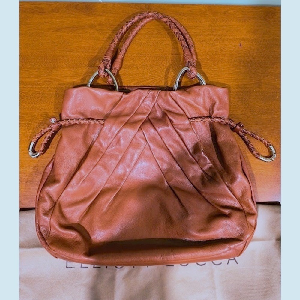 Elliott Lucca Large Soft Leather Bag with Braided‎ Handles, Brown/Gold